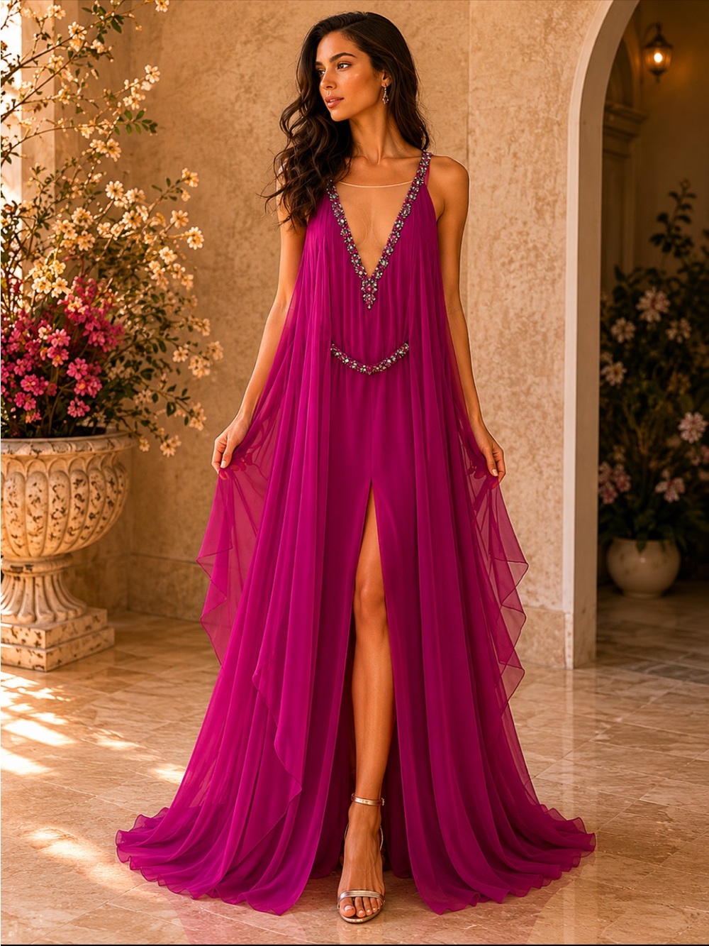 Theia Fuchsia Beaded V-Neck Maxi Gown - Picture 11 of 12